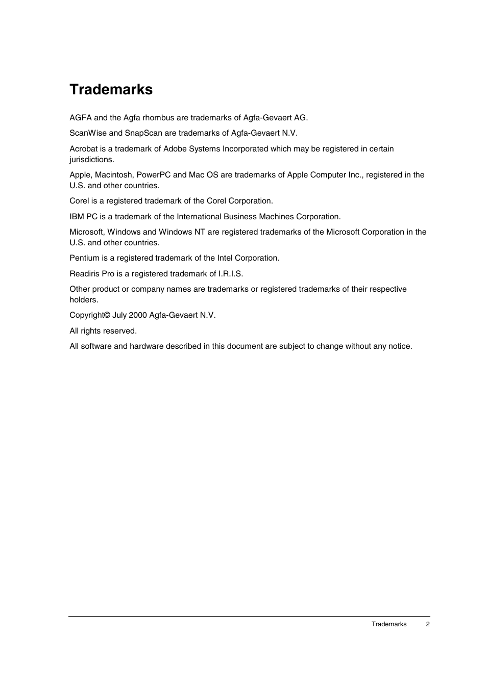 Trademarks | AGFA E20 User Manual | Page 2 / 35