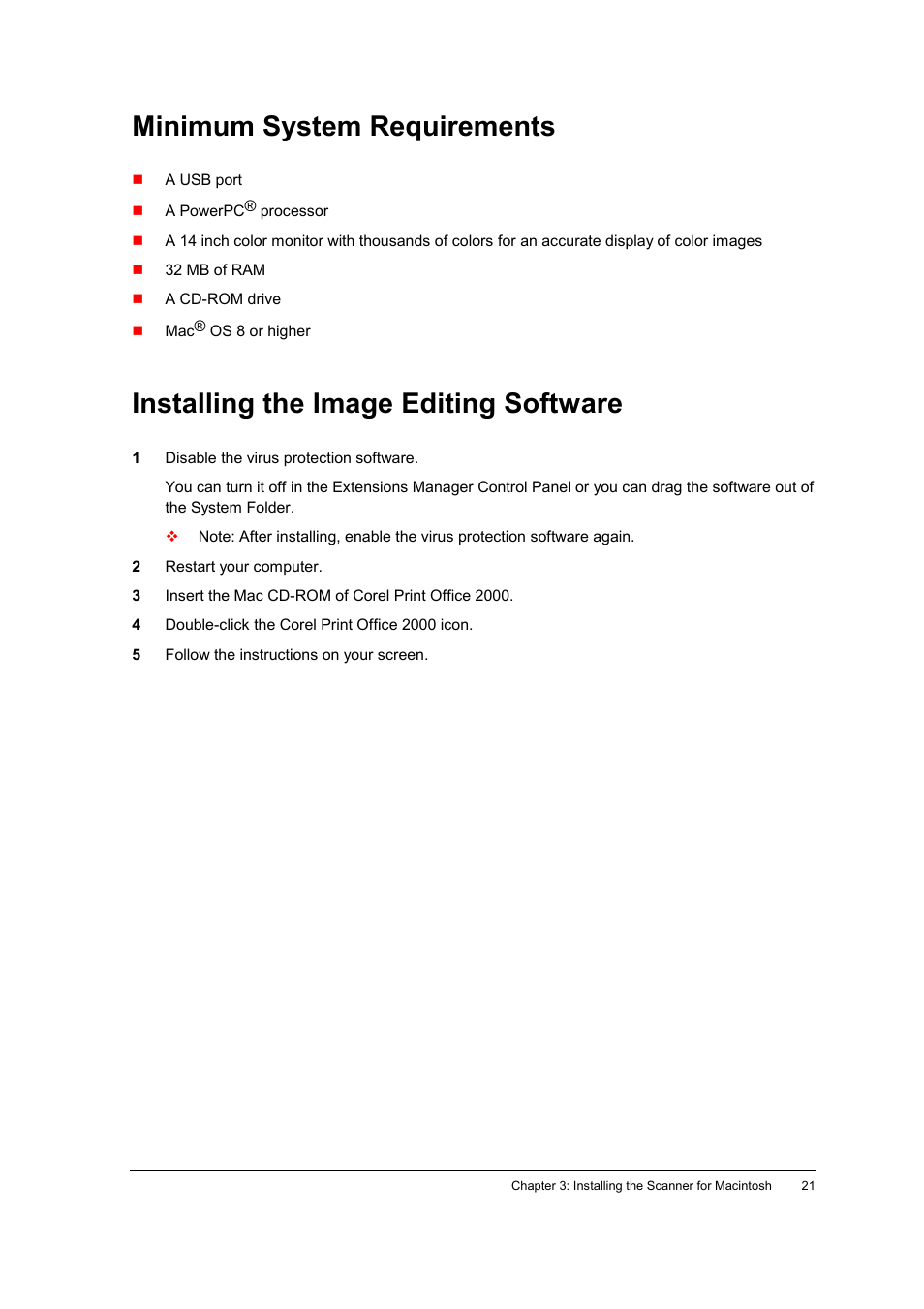 Minimum system requirements, Installing the image editing software | AGFA E20 User Manual | Page 21 / 35