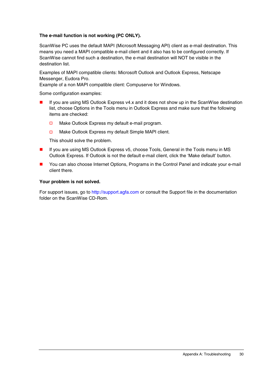 The e-mail function is not working (pc only), Your problem is not solved | AGFA E20 User Manual | Page 30 / 35