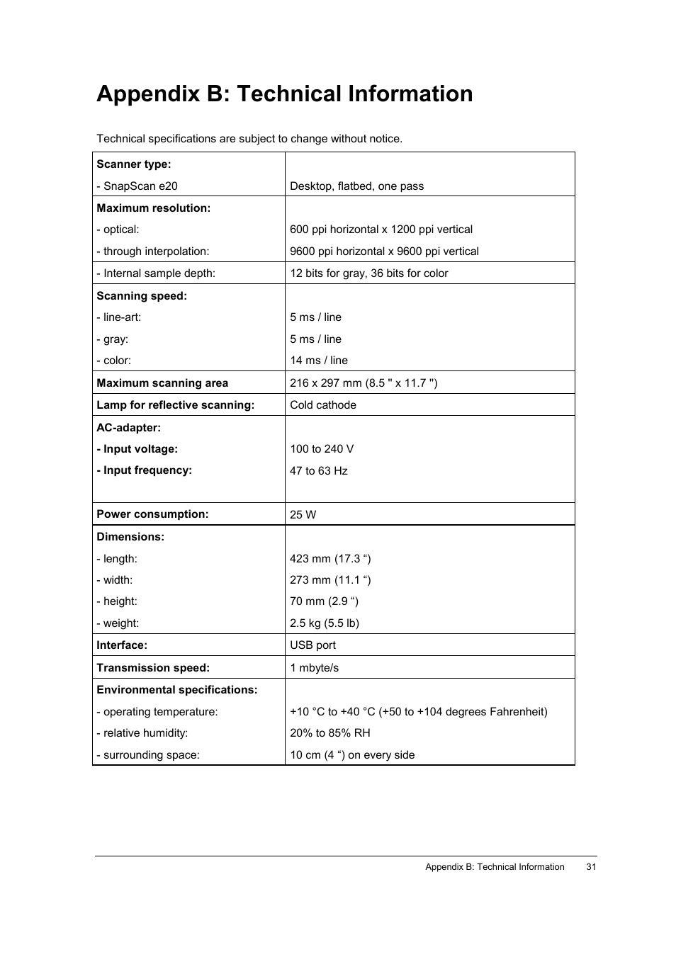 Appendix b: technical information | AGFA E20 User Manual | Page 31 / 35