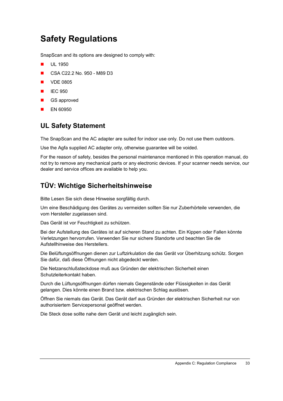 Safety regulations, Ul safety statement, Tüv: wichtige sicherheitshinweise | AGFA E20 User Manual | Page 33 / 35