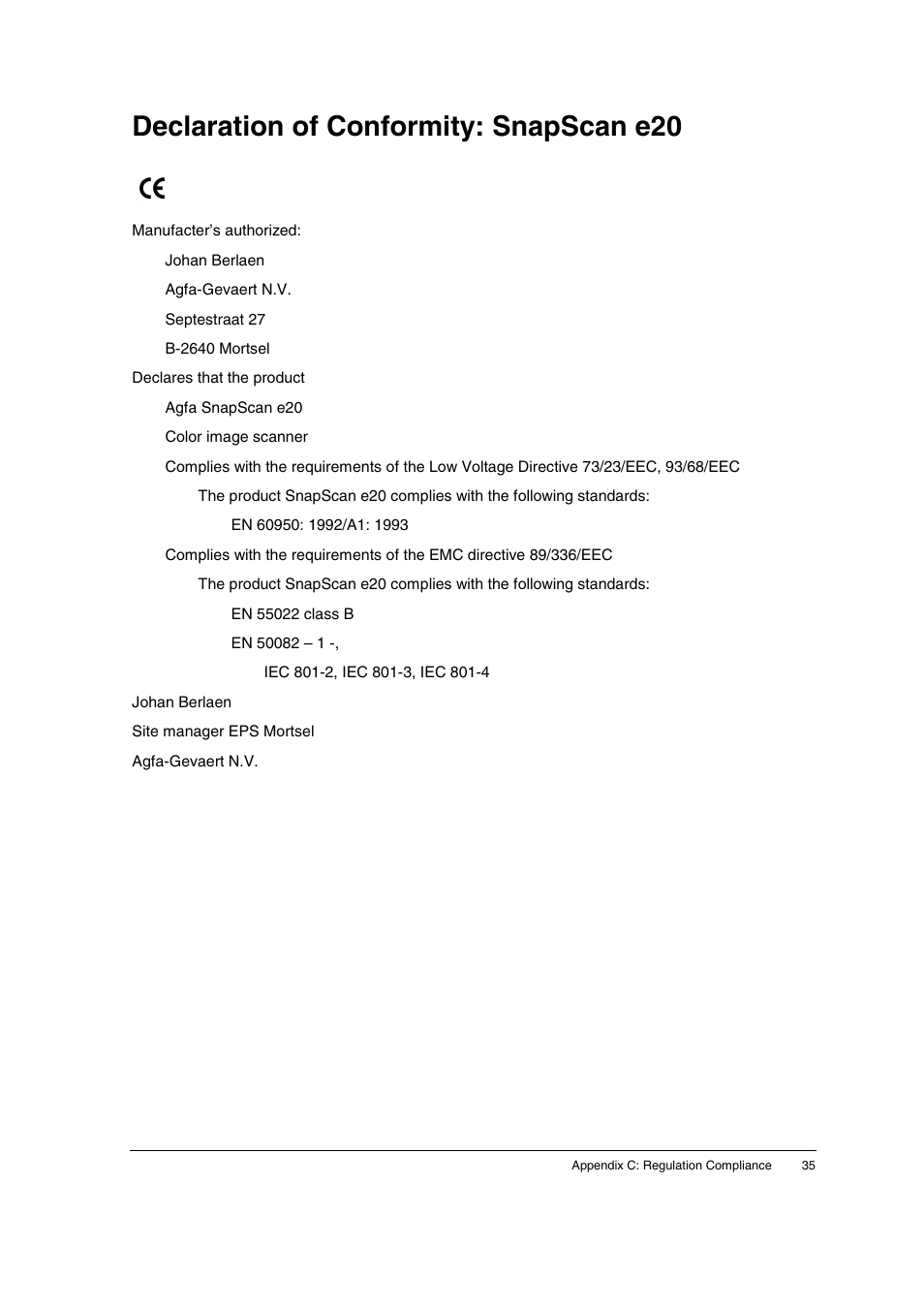 Declaration of conformity: snapscan e20 | AGFA E20 User Manual | Page 35 / 35