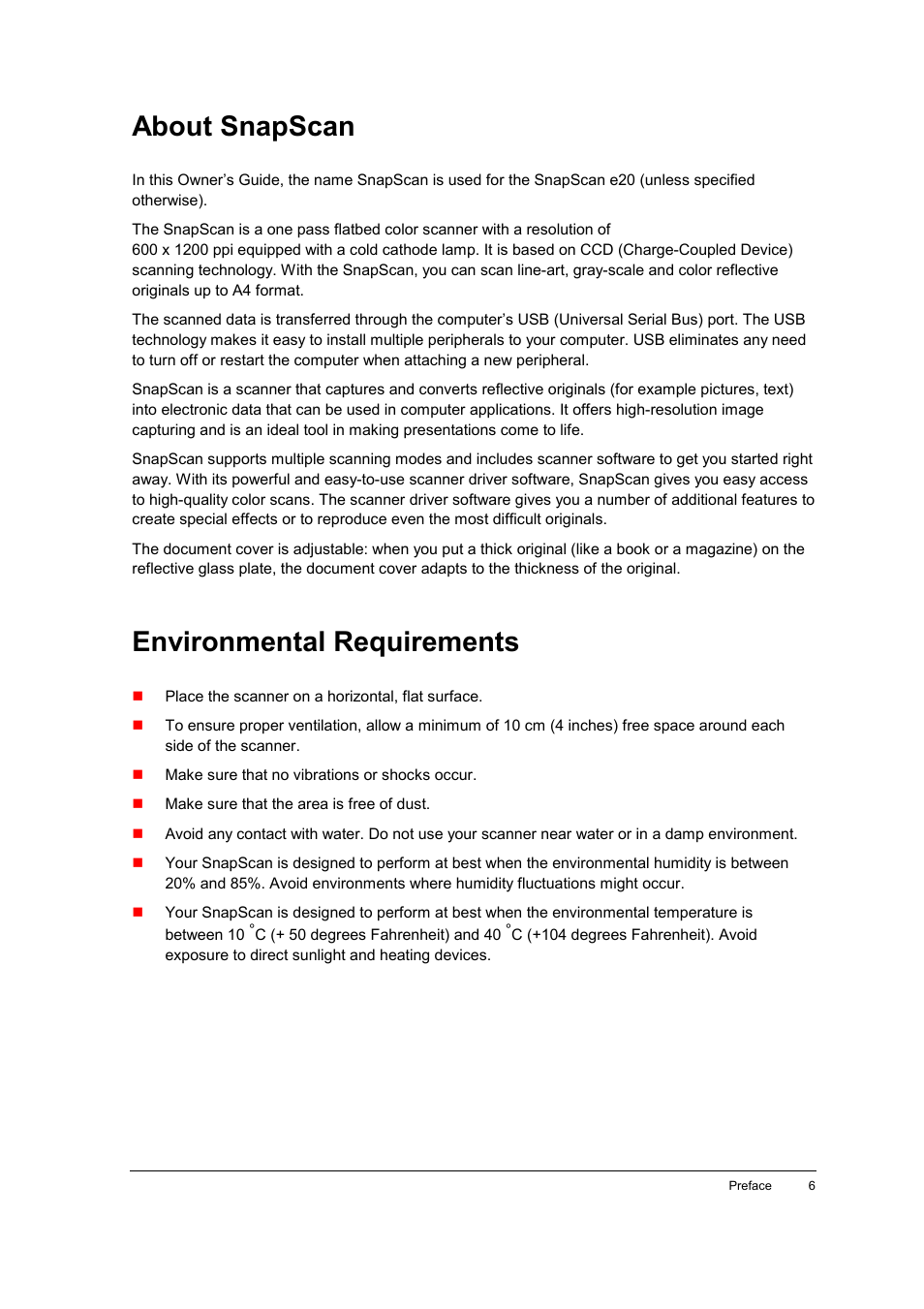 About snapscan, Environmental requirements | AGFA E20 User Manual | Page 6 / 35