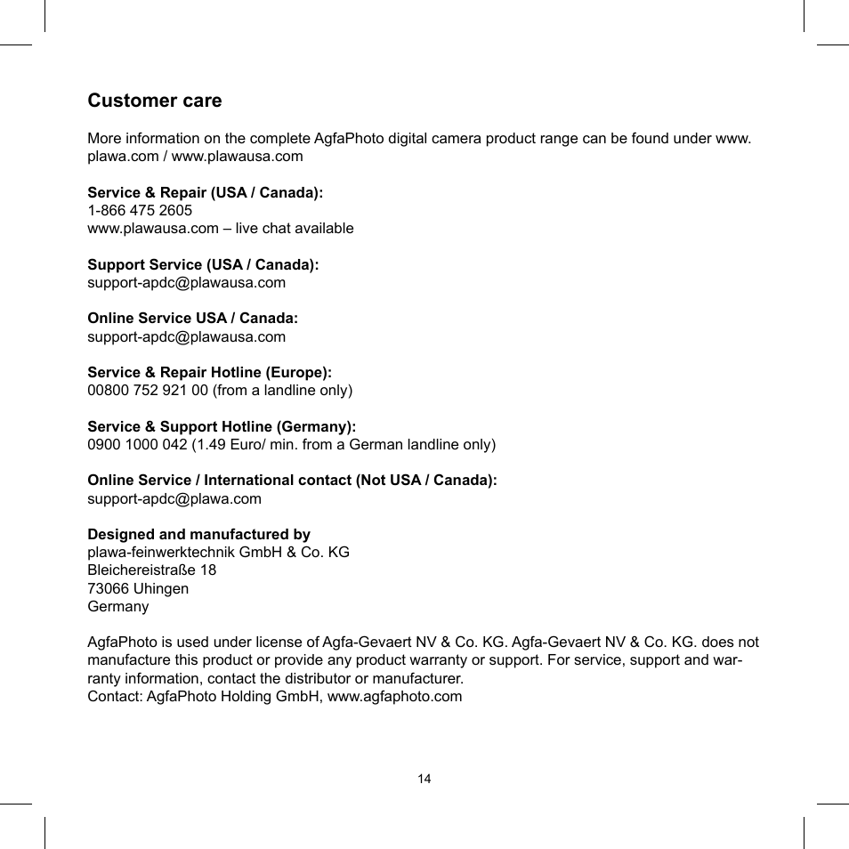 Customer care | AGFA 510-D User Manual | Page 14 / 15
