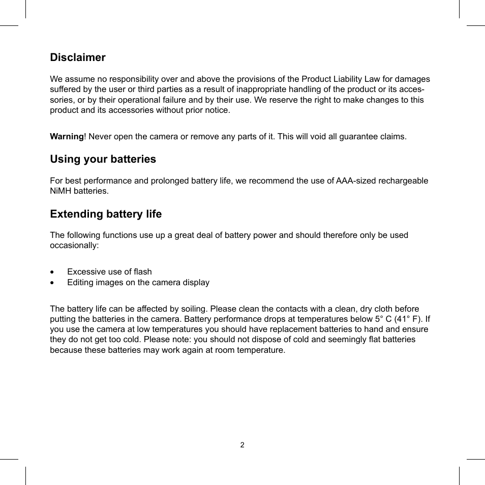 Disclaimer, Using your batteries, Extending battery life | AGFA 510-D User Manual | Page 2 / 15