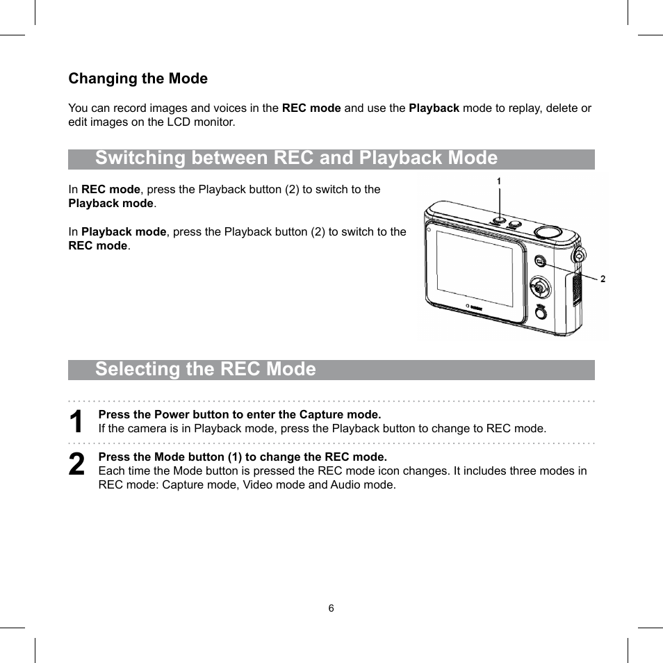Switching between rec and playback mode, Selecting the rec mode | AGFA 510-D User Manual | Page 6 / 15