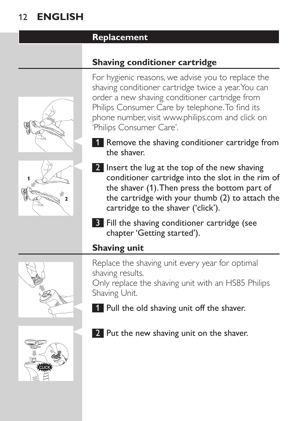 Replacement, Shaving conditioner cartridge, Shaving unit | Philips Afeitadora NIVEA FOR MEN User Manual | Page 10 / 118