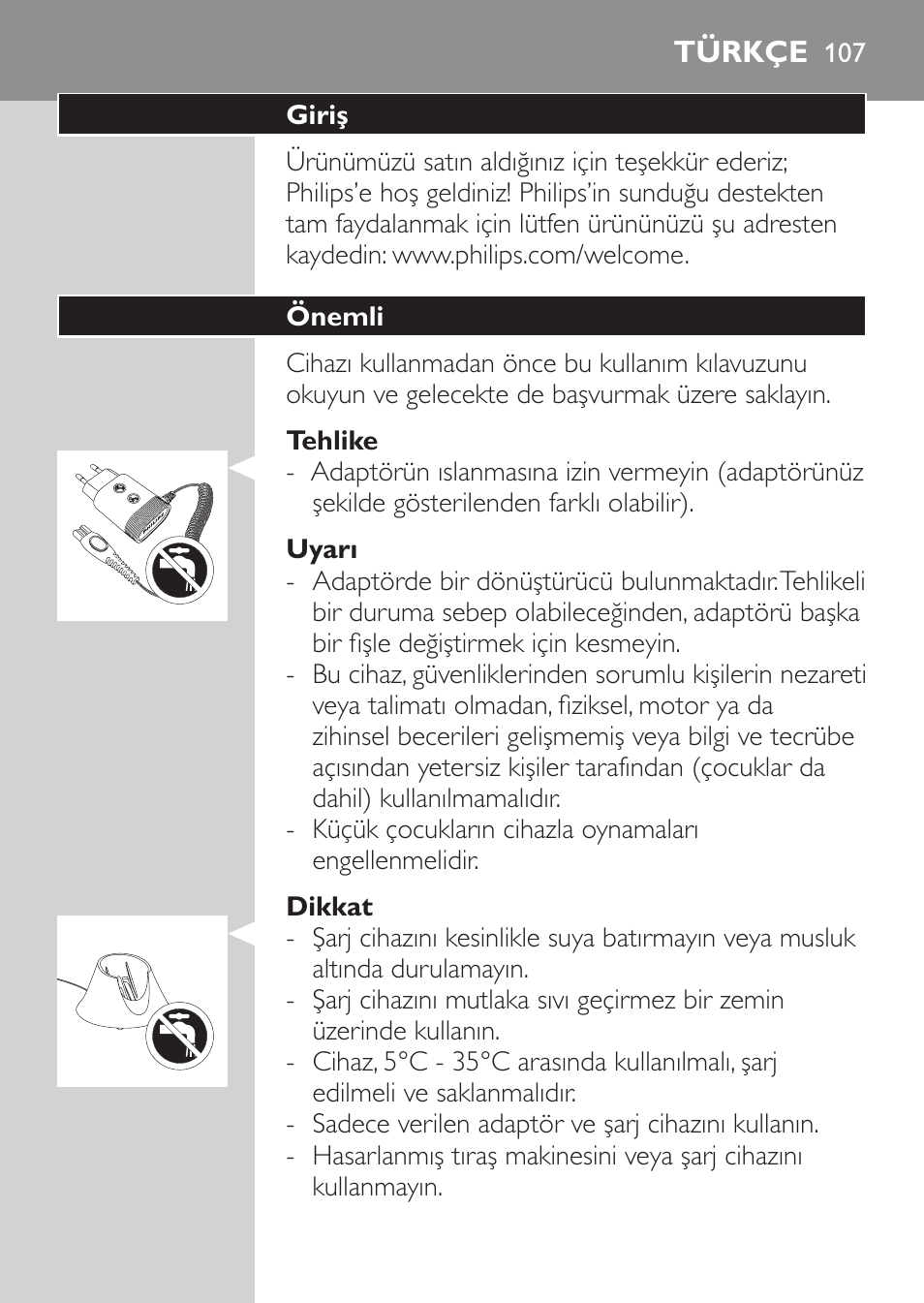 Tehlike, Uyarı, Dikkat | Türkçe, Giriş, Önemli | Philips Afeitadora NIVEA FOR MEN User Manual | Page 105 / 118