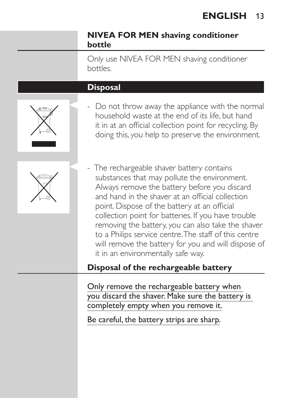 Nivea for men shaving conditioner bottle, Disposal, Disposal of the rechargeable battery | Philips Afeitadora NIVEA FOR MEN User Manual | Page 11 / 118