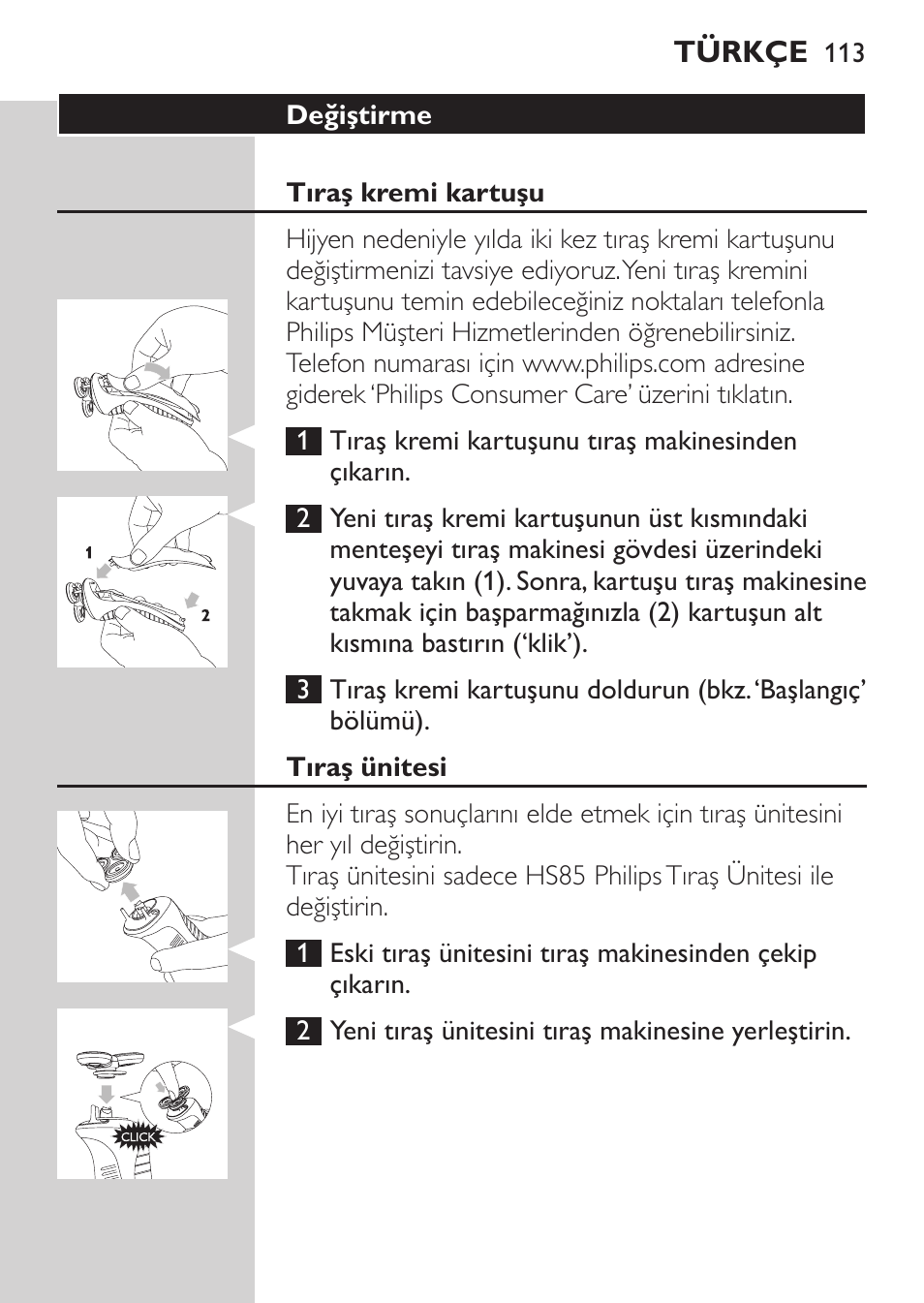 Değiştirme, Tıraş kremi kartuşu, Tıraş ünitesi | Philips Afeitadora NIVEA FOR MEN User Manual | Page 111 / 118