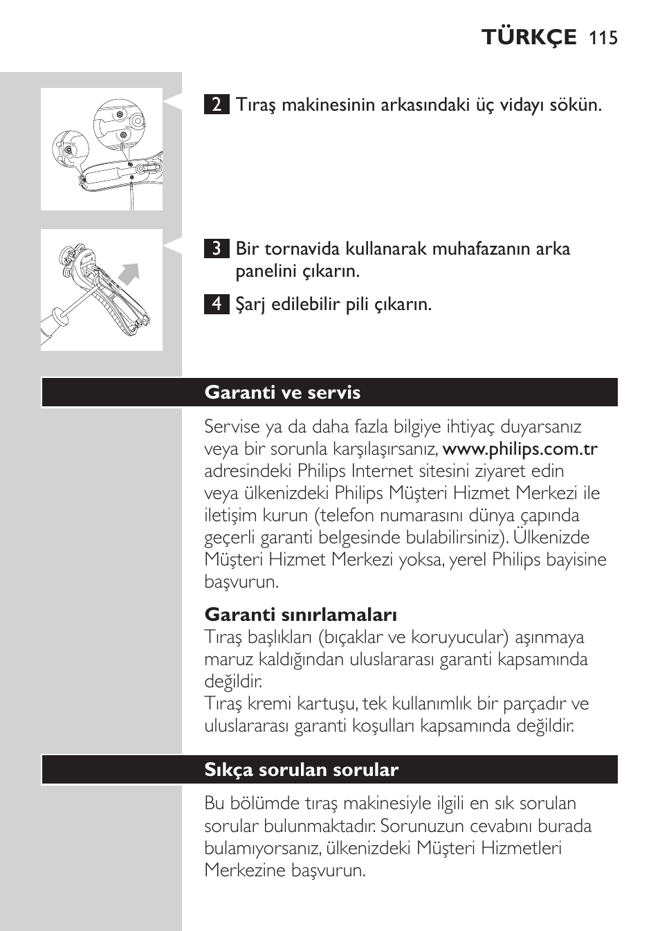 Garanti sınırlamaları, Garanti ve servis, Sıkça sorulan sorular | Philips Afeitadora NIVEA FOR MEN User Manual | Page 113 / 118