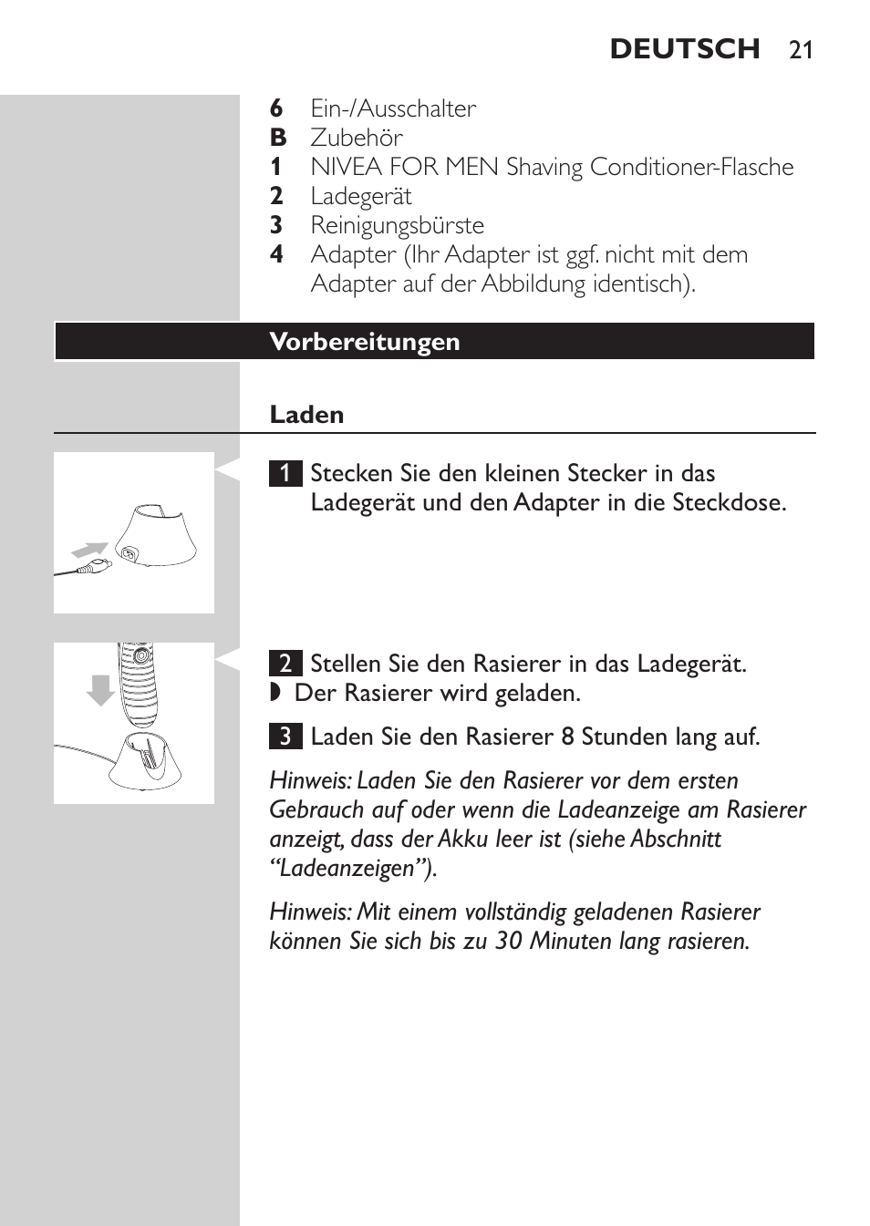 Vorbereitungen, Laden, Ladeanzeigen | Philips Afeitadora NIVEA FOR MEN User Manual | Page 19 / 118