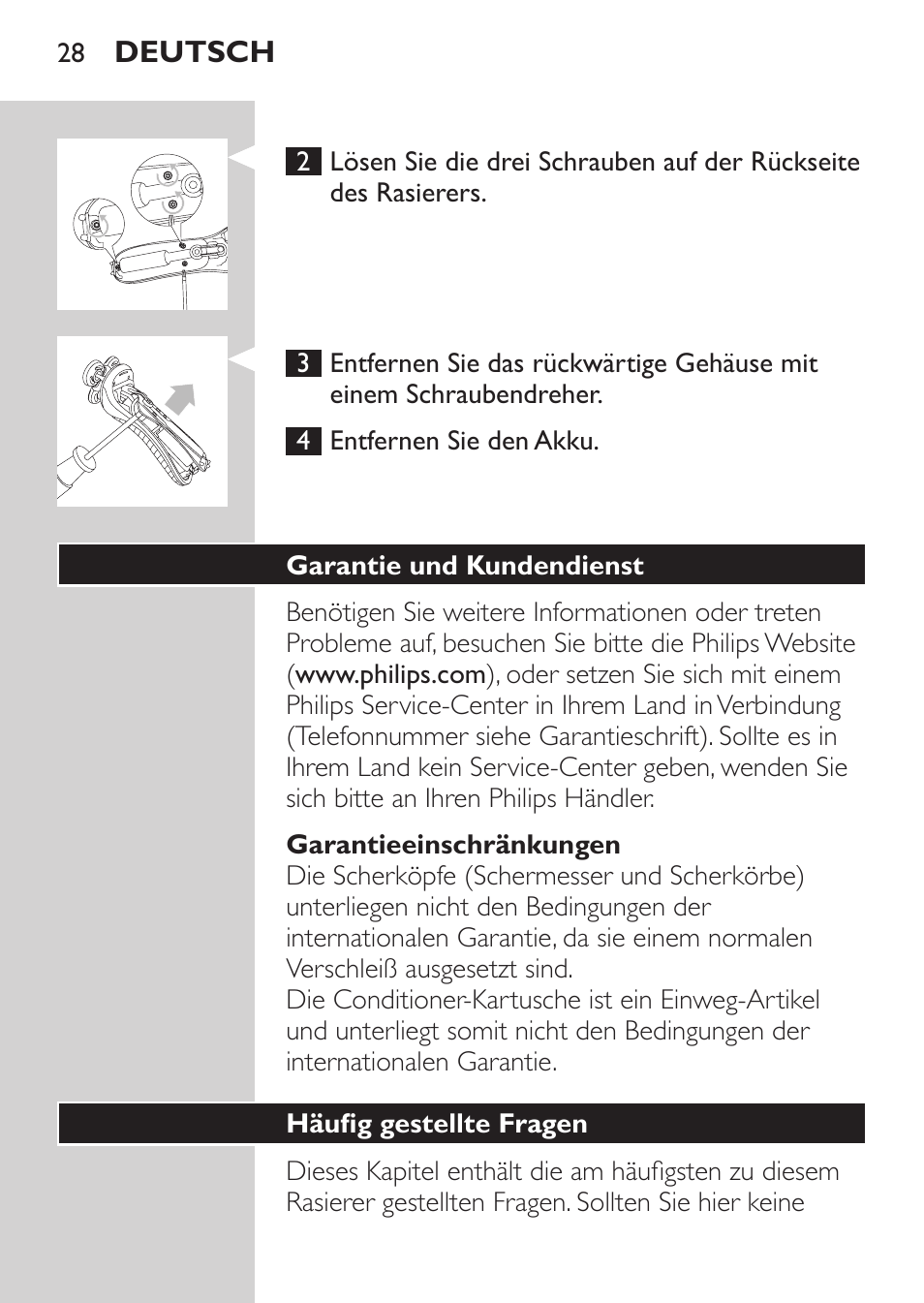Garantieeinschränkungen, Garantie und kundendienst, Häufig gestellte fragen | Philips Afeitadora NIVEA FOR MEN User Manual | Page 26 / 118