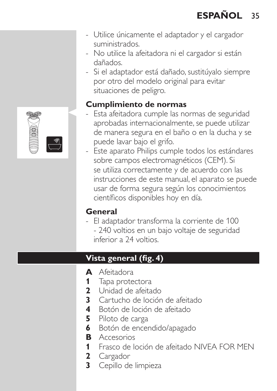 Cumplimiento de normas, General, Vista general (fig. 4) | Philips Afeitadora NIVEA FOR MEN User Manual | Page 33 / 118
