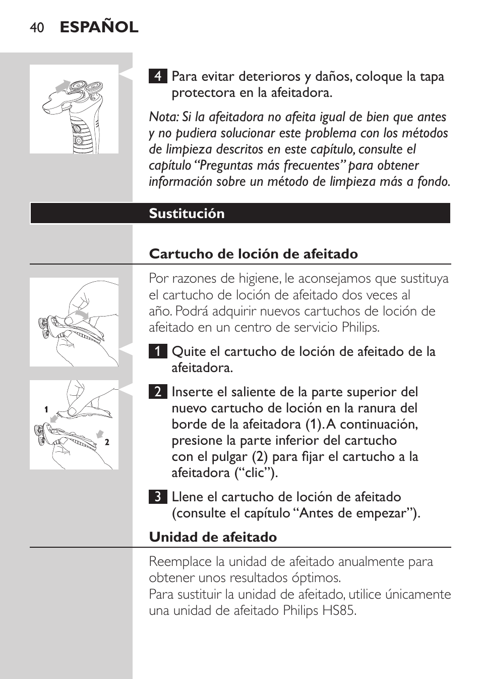 Sustitución, Cartucho de loción de afeitado, Unidad de afeitado | Philips Afeitadora NIVEA FOR MEN User Manual | Page 38 / 118