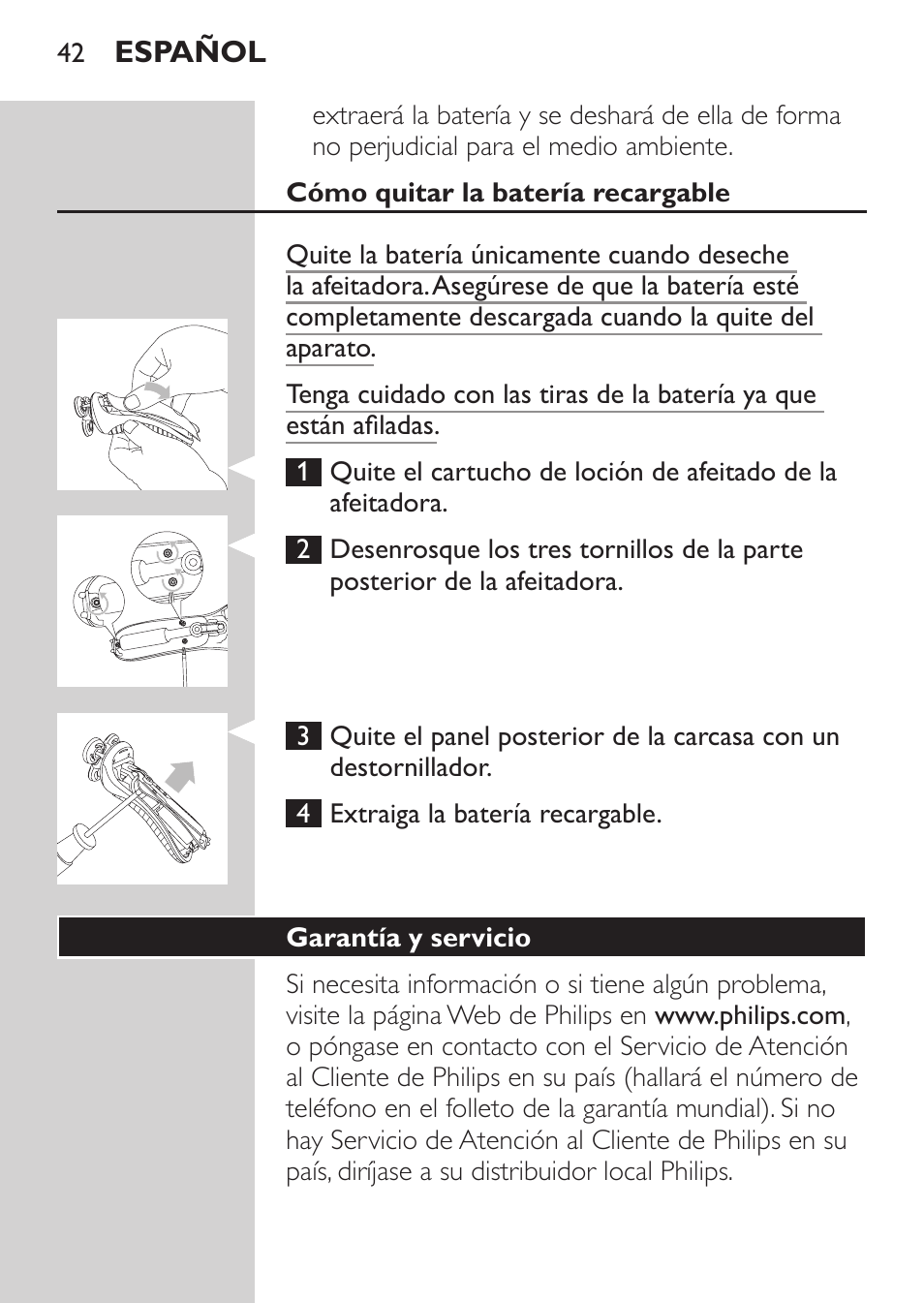 Cómo quitar la batería recargable, Garantía y servicio | Philips Afeitadora NIVEA FOR MEN User Manual | Page 40 / 118