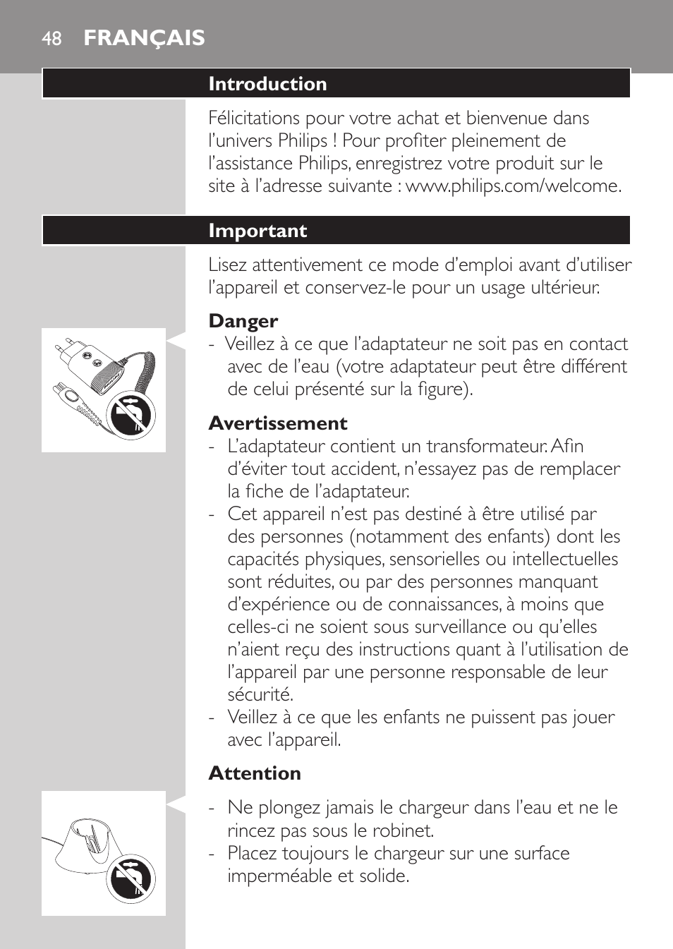 Danger, Avertissement, Attention | Français, Introduction, Important | Philips Afeitadora NIVEA FOR MEN User Manual | Page 46 / 118