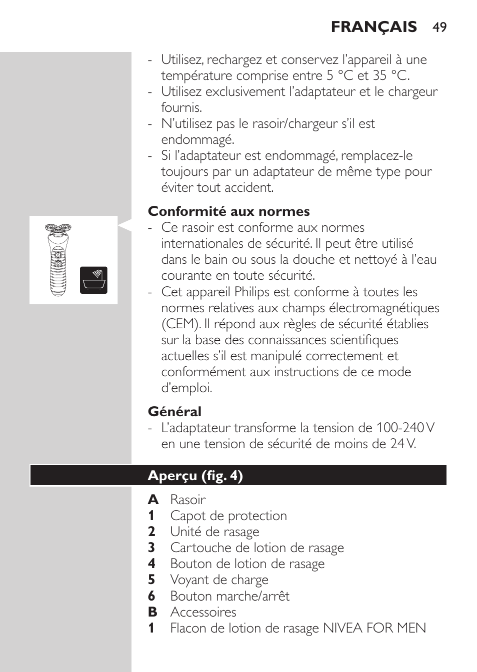 Conformité aux normes, Général, Aperçu (fig. 4) | Philips Afeitadora NIVEA FOR MEN User Manual | Page 47 / 118