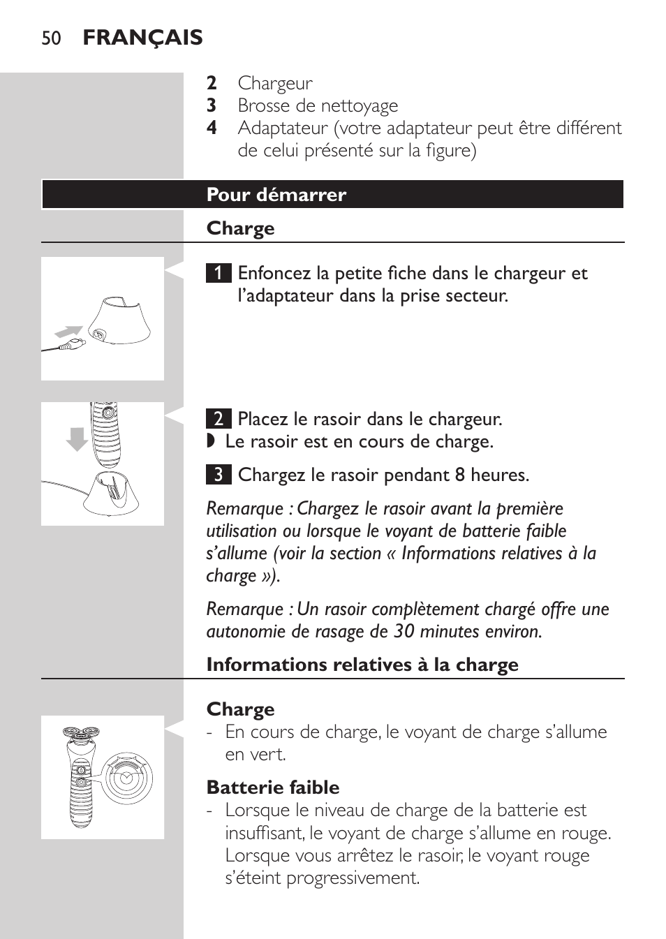 Pour démarrer, Charge | Philips Afeitadora NIVEA FOR MEN User Manual | Page 48 / 118