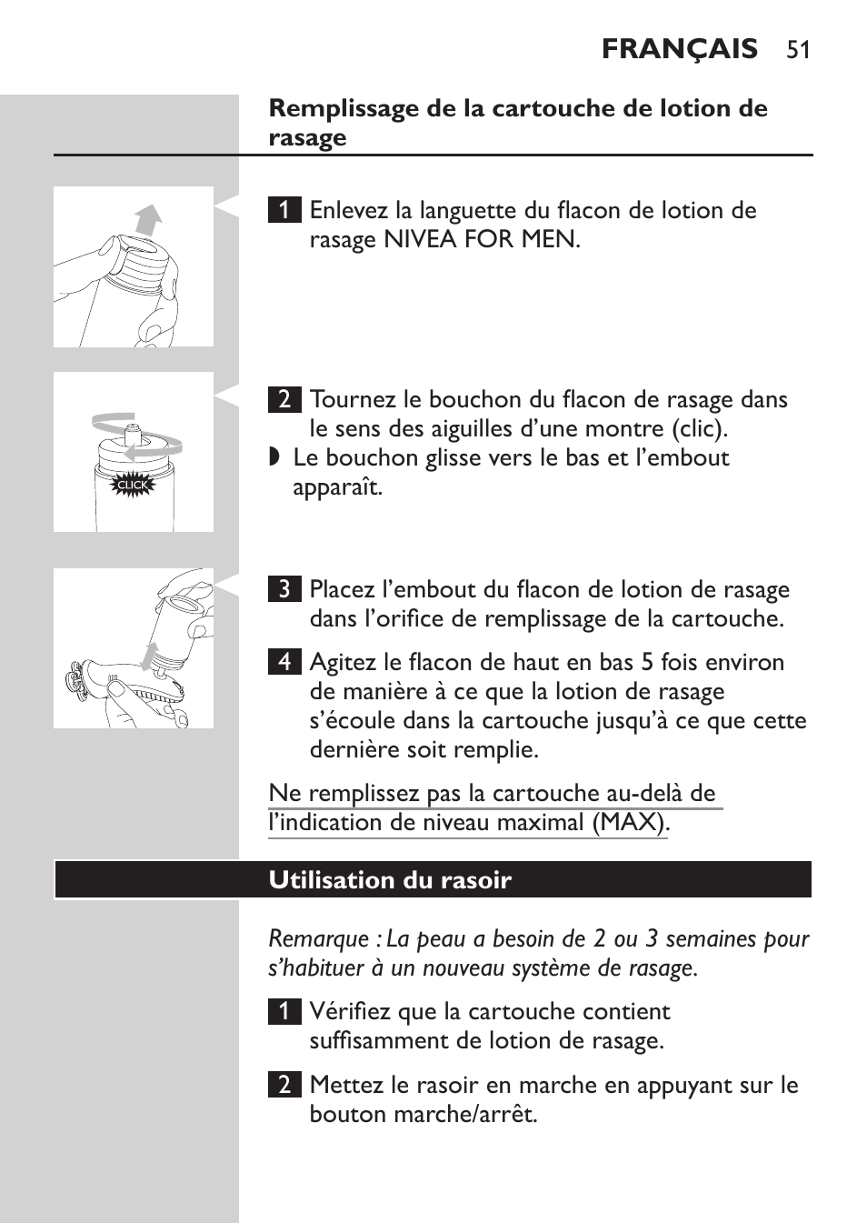 Informations relatives à la charge, Charge, Batterie faible | Remplissage de la cartouche de lotion de rasage | Philips Afeitadora NIVEA FOR MEN User Manual | Page 49 / 118