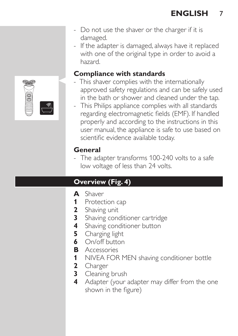 Compliance with standards, General, Overview (fig. 4) | Philips Afeitadora NIVEA FOR MEN User Manual | Page 5 / 118