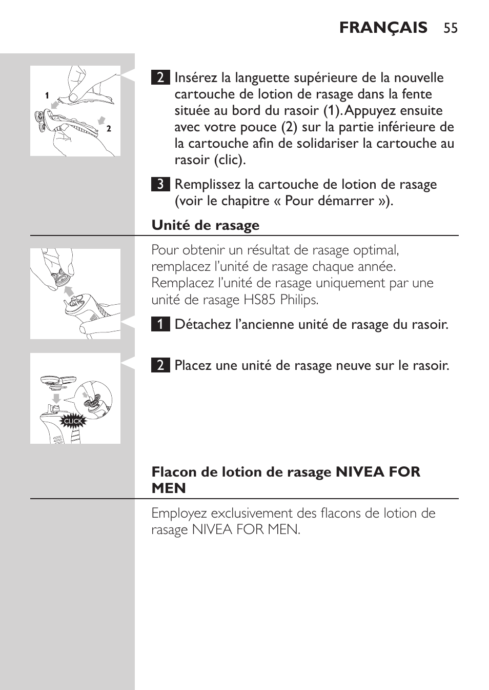 Unité de rasage, Flacon de lotion de rasage nivea for men | Philips Afeitadora NIVEA FOR MEN User Manual | Page 53 / 118
