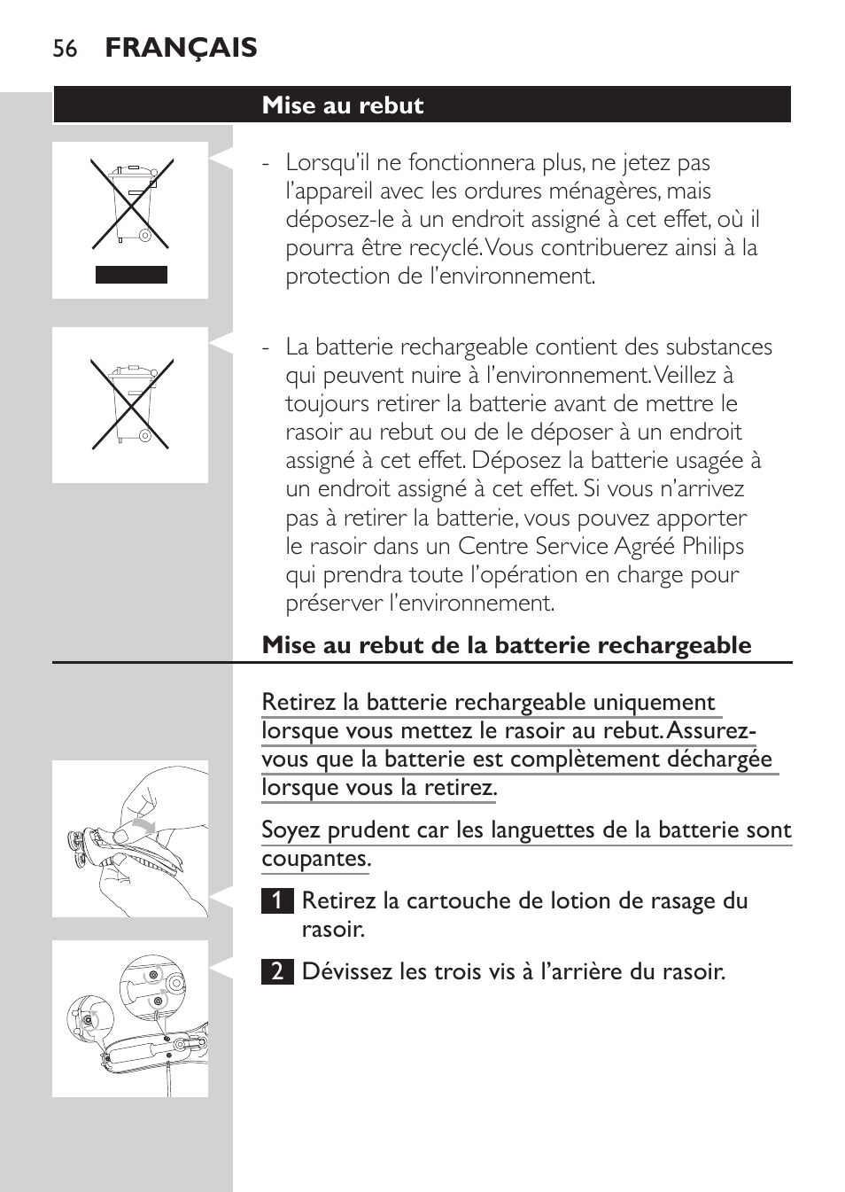 Mise au rebut, Mise au rebut de la batterie rechargeable | Philips Afeitadora NIVEA FOR MEN User Manual | Page 54 / 118