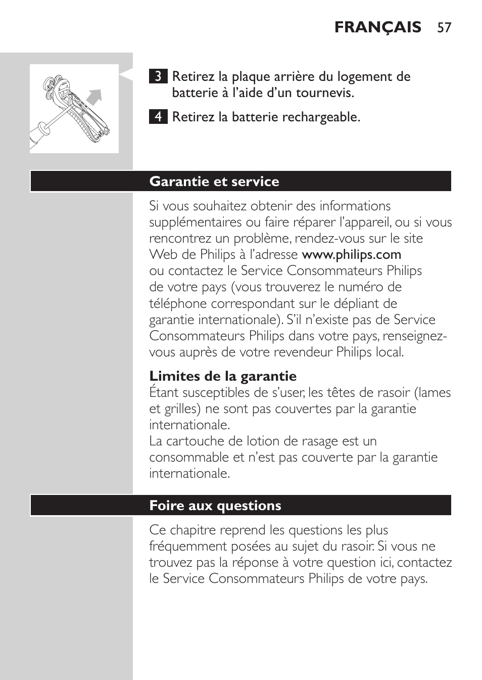 Limites de la garantie, Garantie et service, Foire aux questions | Philips Afeitadora NIVEA FOR MEN User Manual | Page 55 / 118