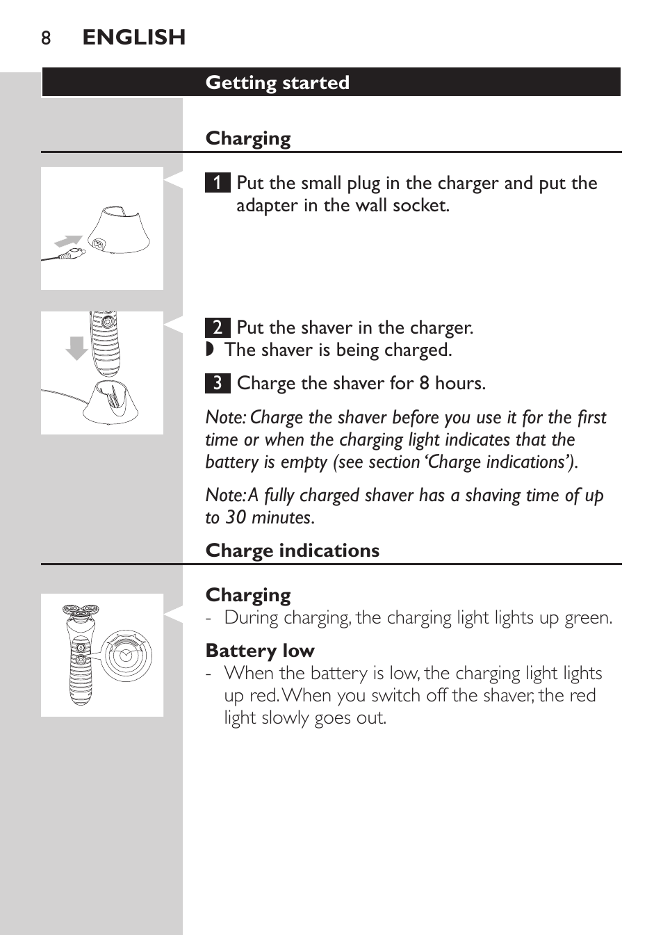 Getting started, Charging, Charge indications | Battery low | Philips Afeitadora NIVEA FOR MEN User Manual | Page 6 / 118