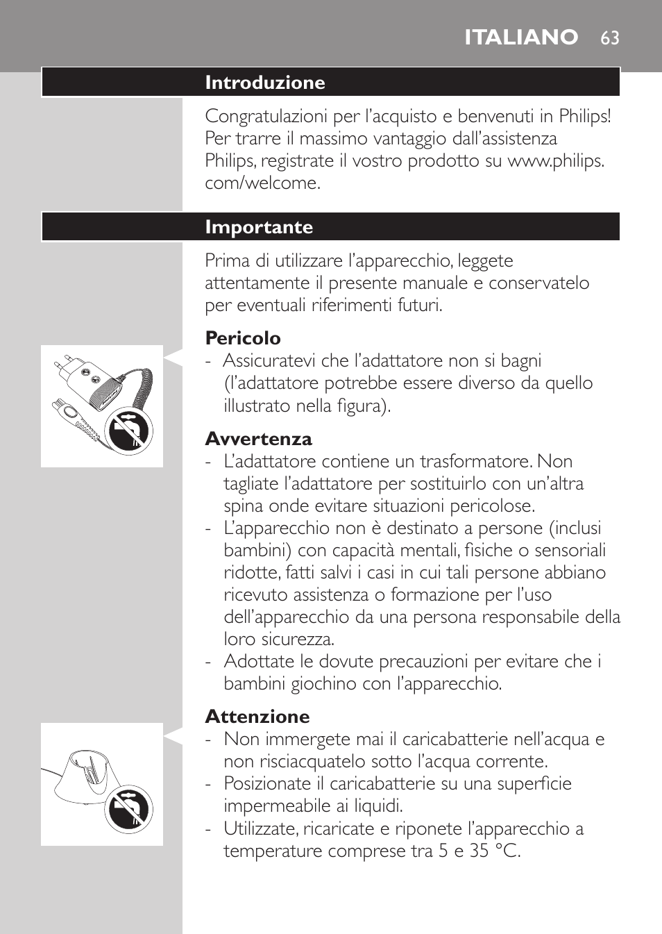 Pericolo, Avvertenza, Attenzione | Italiano, Introduzione, Importante | Philips Afeitadora NIVEA FOR MEN User Manual | Page 61 / 118