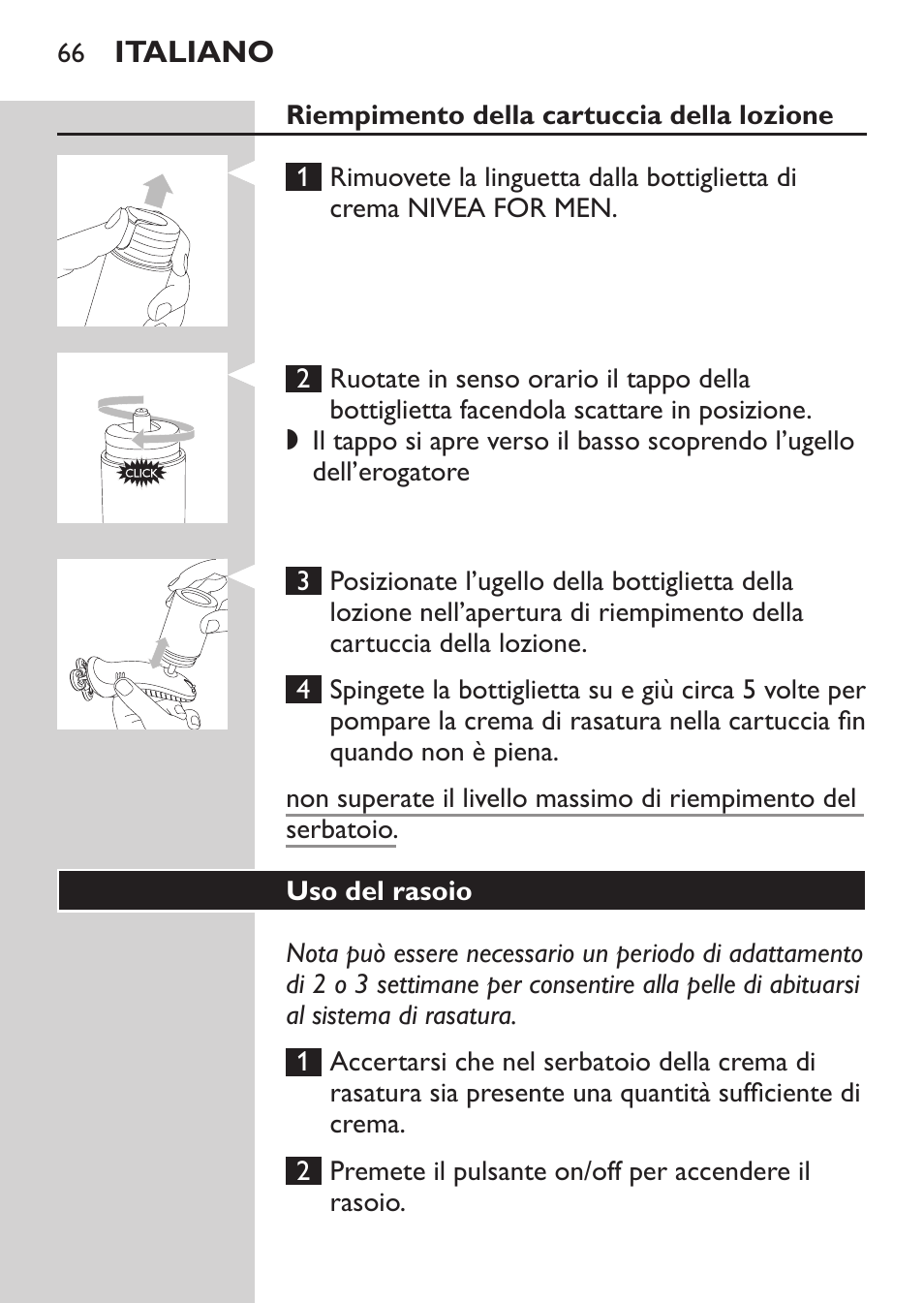 Riempimento della cartuccia della lozione, Uso del rasoio | Philips Afeitadora NIVEA FOR MEN User Manual | Page 64 / 118