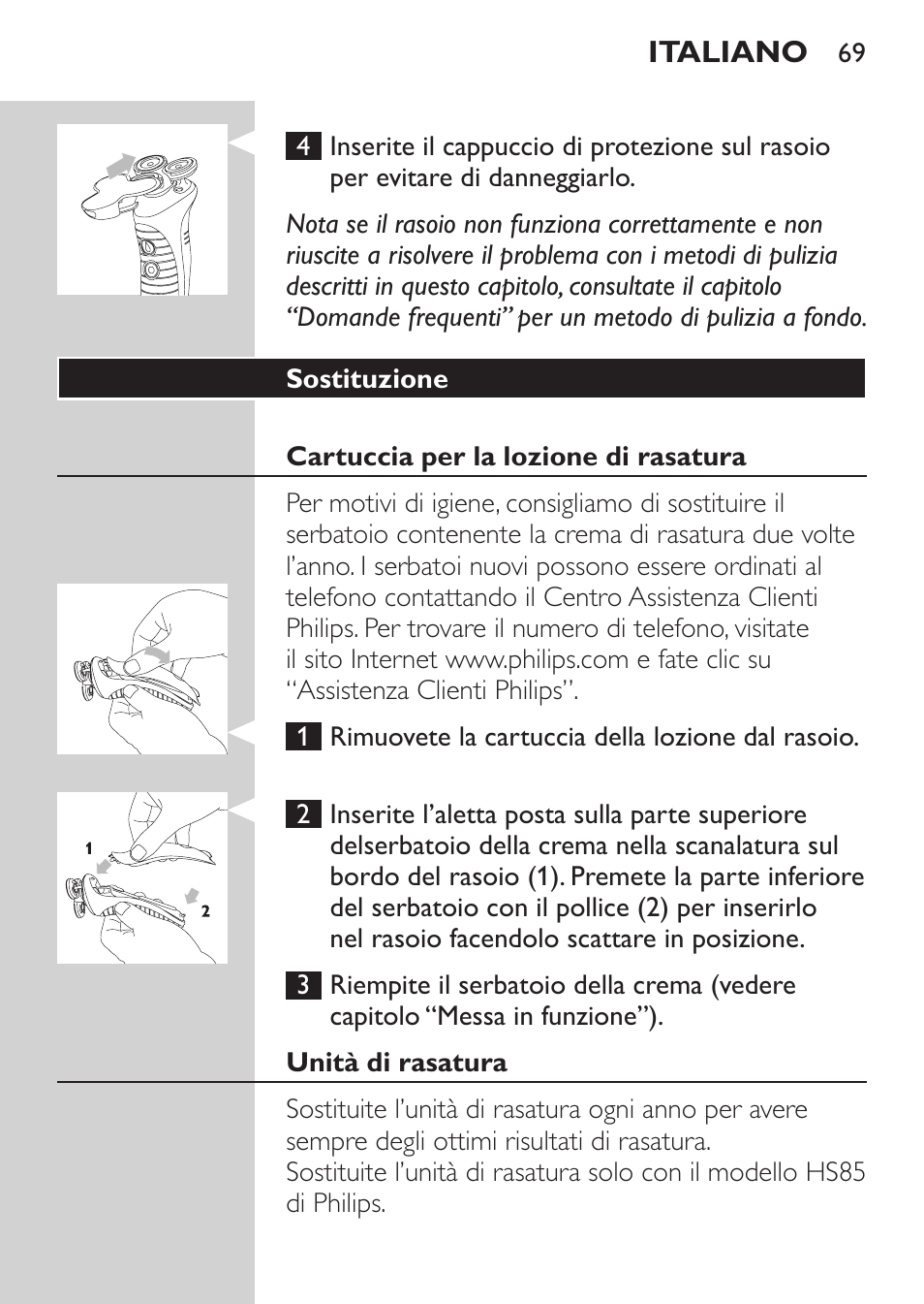 Sostituzione, Cartuccia per la lozione di rasatura, Unità di rasatura | Philips Afeitadora NIVEA FOR MEN User Manual | Page 67 / 118