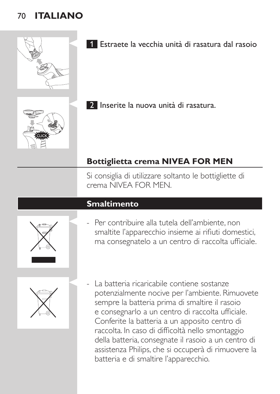 Bottiglietta crema nivea for men, Smaltimento | Philips Afeitadora NIVEA FOR MEN User Manual | Page 68 / 118