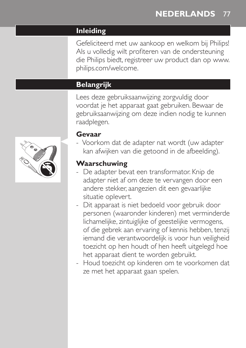 Gevaar, Waarschuwing, Let op | Nederlands, Inleiding, Belangrijk | Philips Afeitadora NIVEA FOR MEN User Manual | Page 75 / 118