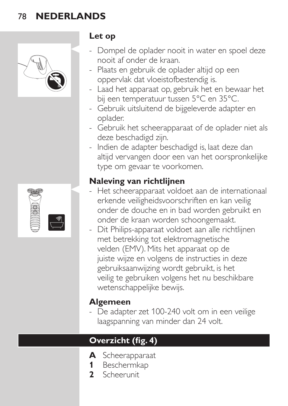 Naleving van richtlijnen, Algemeen, Overzicht (fig. 4) | Philips Afeitadora NIVEA FOR MEN User Manual | Page 76 / 118