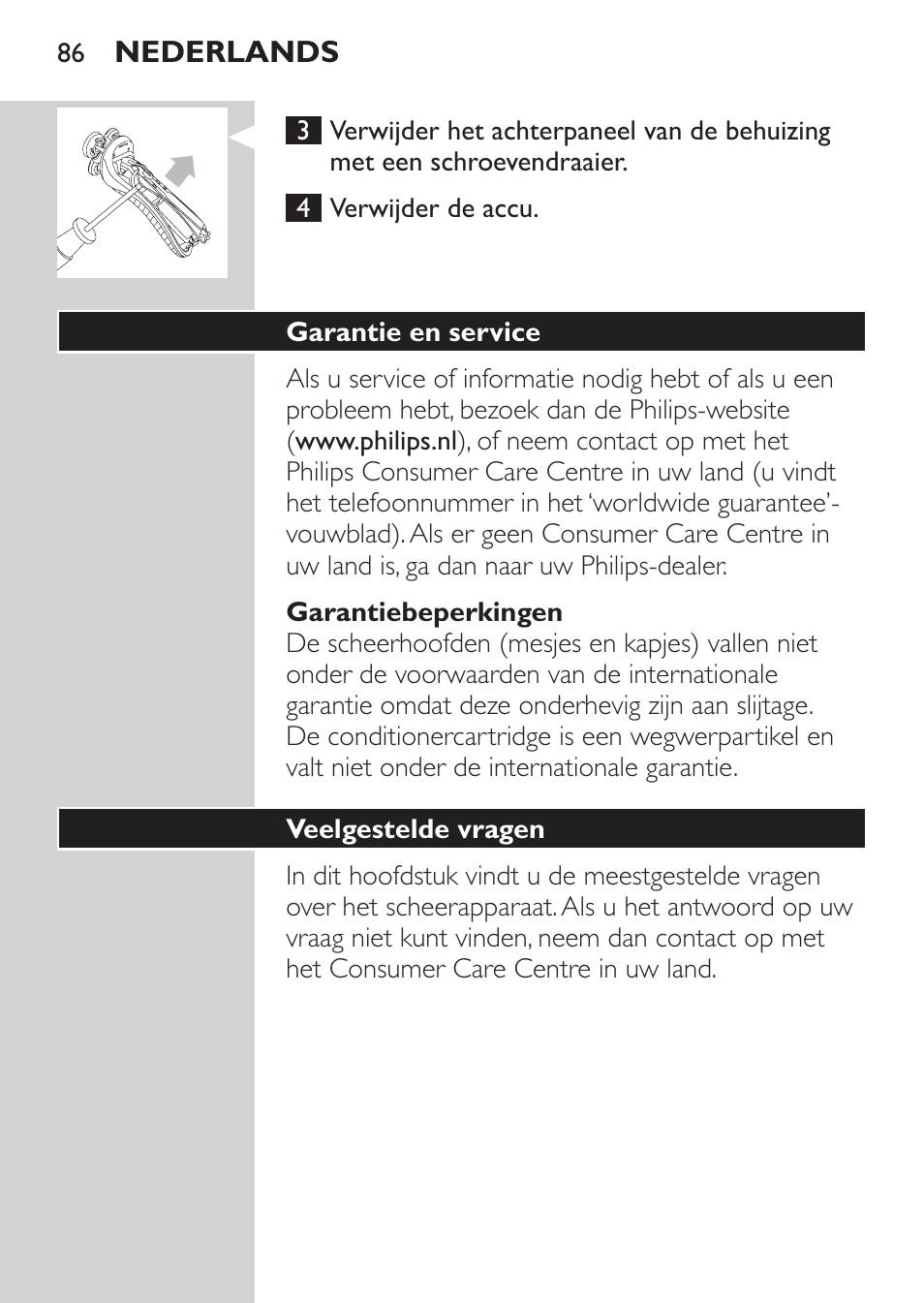 Garantiebeperkingen, Garantie en service, Veelgestelde vragen | Philips Afeitadora NIVEA FOR MEN User Manual | Page 84 / 118