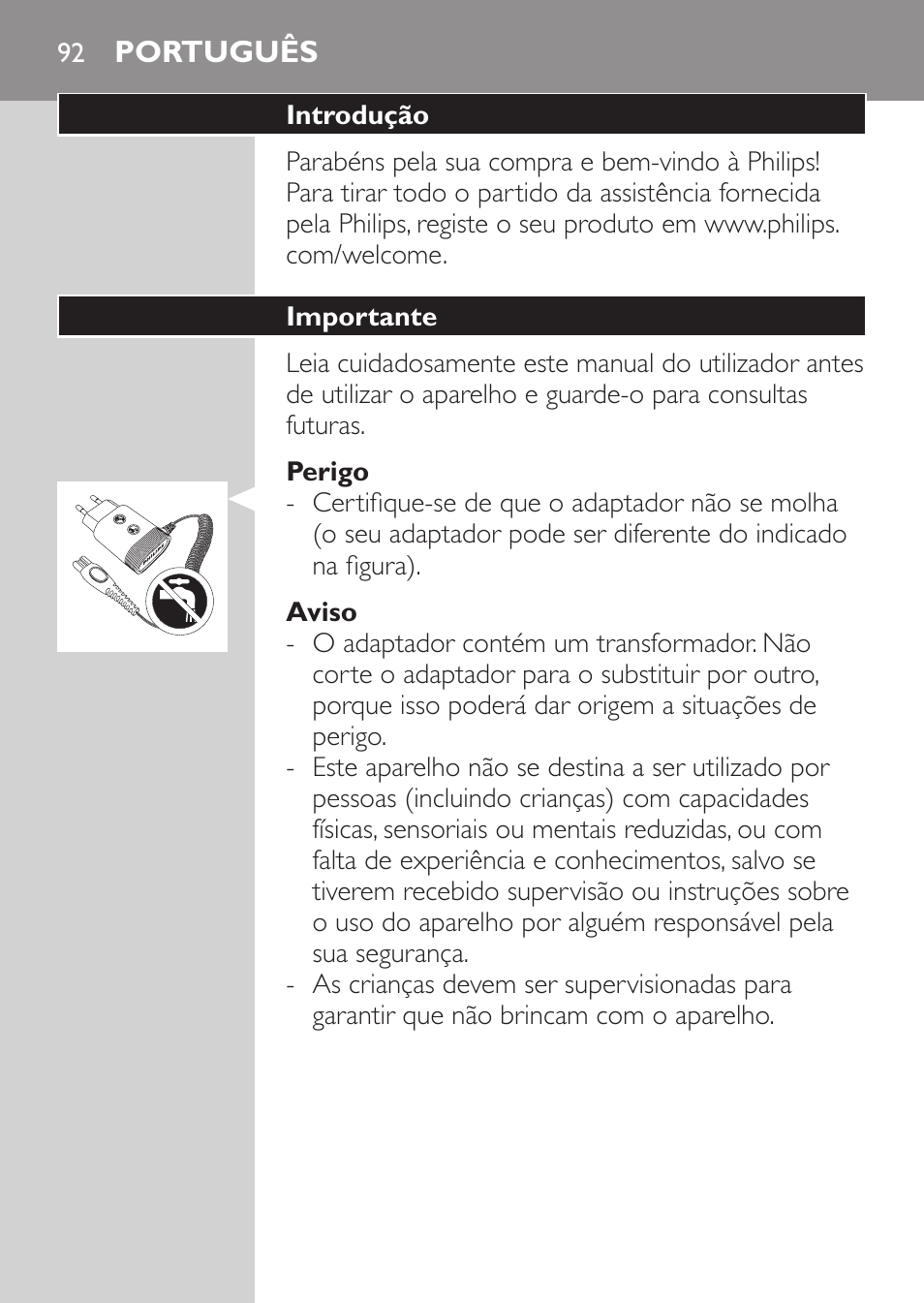 Perigo, Aviso, Cuidado | Português, Introdução, Importante | Philips Afeitadora NIVEA FOR MEN User Manual | Page 90 / 118