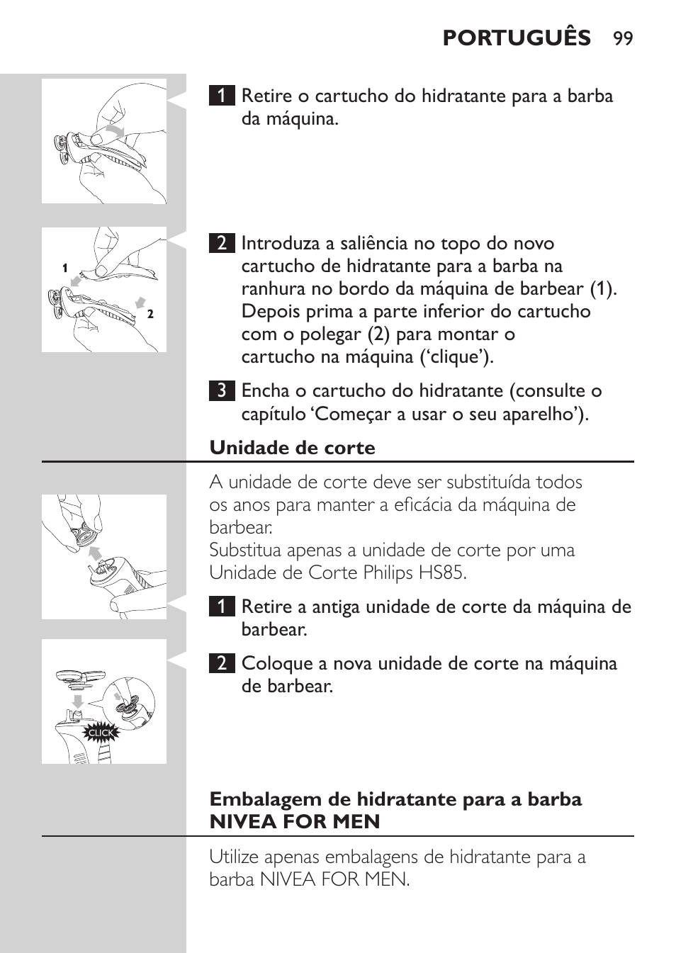 Unidade de corte, Embalagem de hidratante para a barba nivea for men | Philips Afeitadora NIVEA FOR MEN User Manual | Page 97 / 118