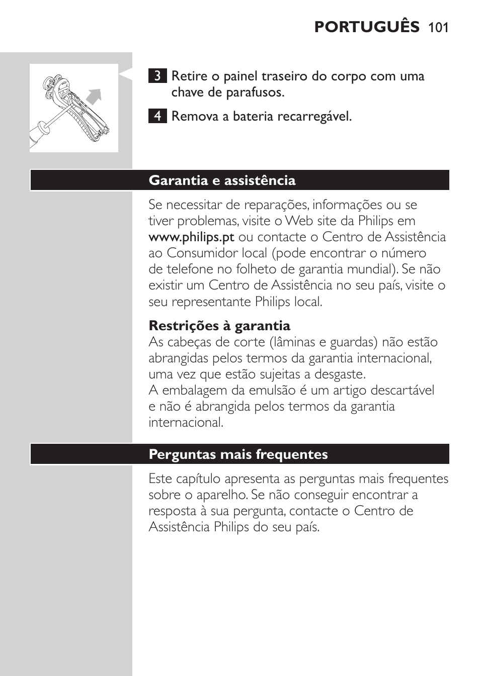Restrições à garantia, Garantia e assistência, Perguntas mais frequentes | Philips Afeitadora NIVEA FOR MEN User Manual | Page 99 / 118