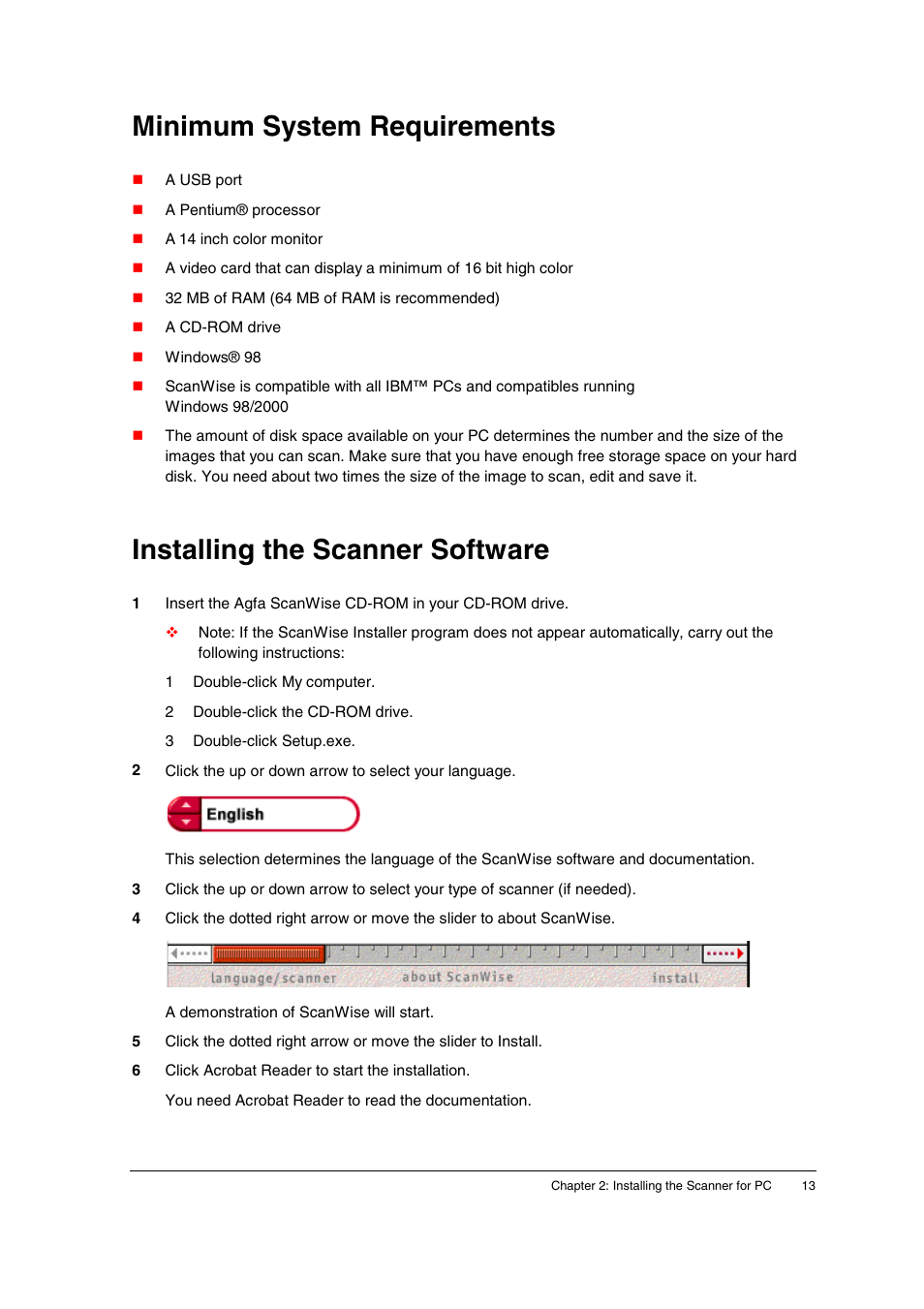 Minimum system requirements, Installing the scanner software | AGFA SNAPSCAN E10 User Manual | Page 13 / 30