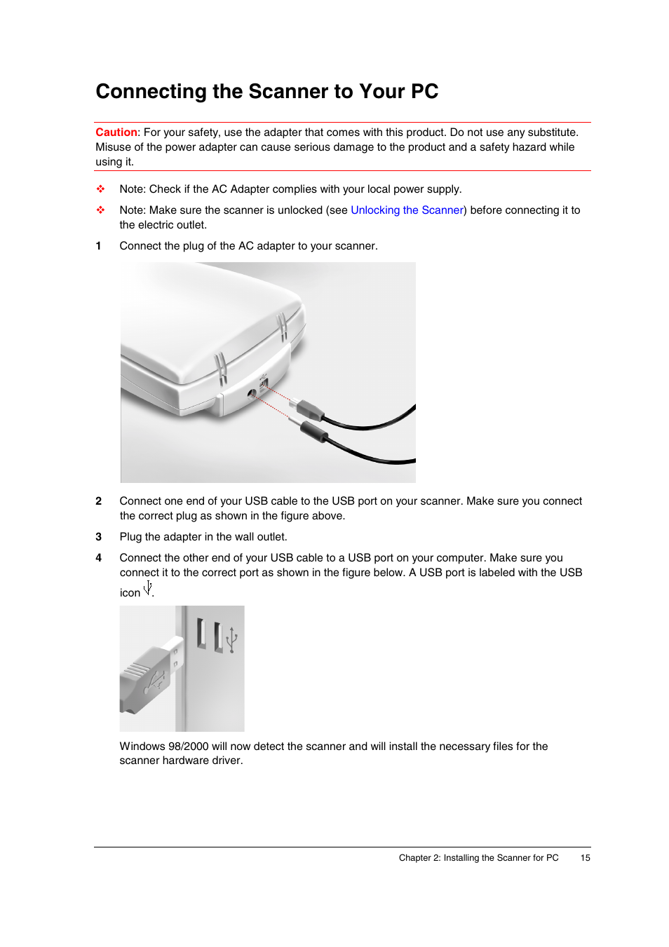Connecting the scanner to your pc | AGFA SNAPSCAN E10 User Manual | Page 15 / 30