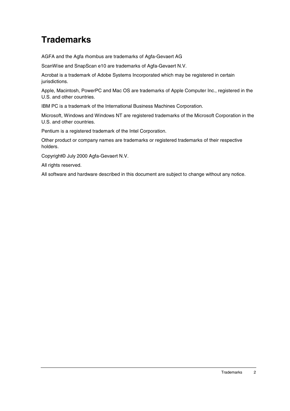 Trademarks | AGFA SNAPSCAN E10 User Manual | Page 2 / 30