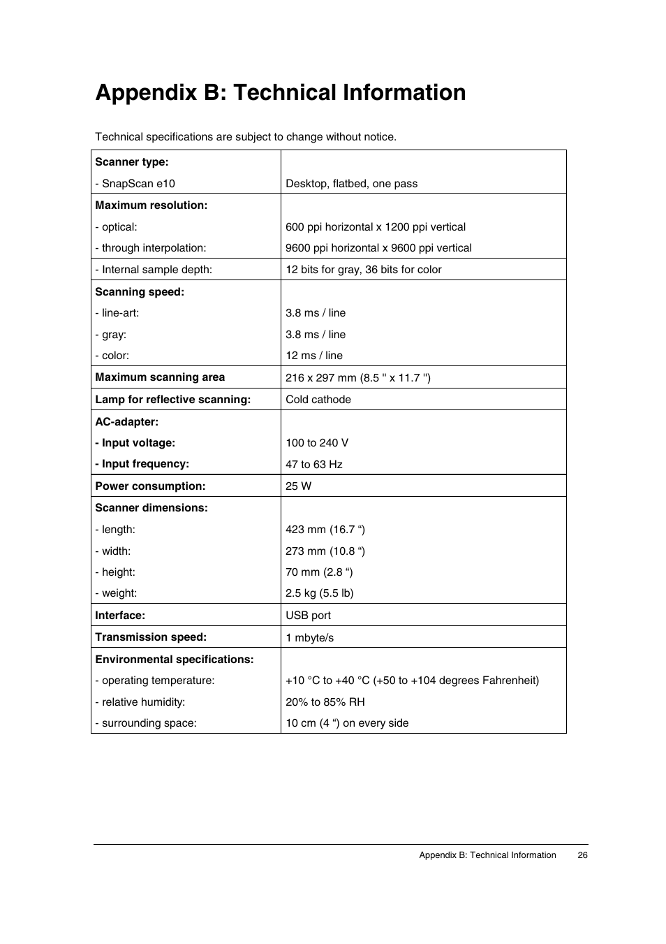 Appendix b: technical information | AGFA SNAPSCAN E10 User Manual | Page 26 / 30