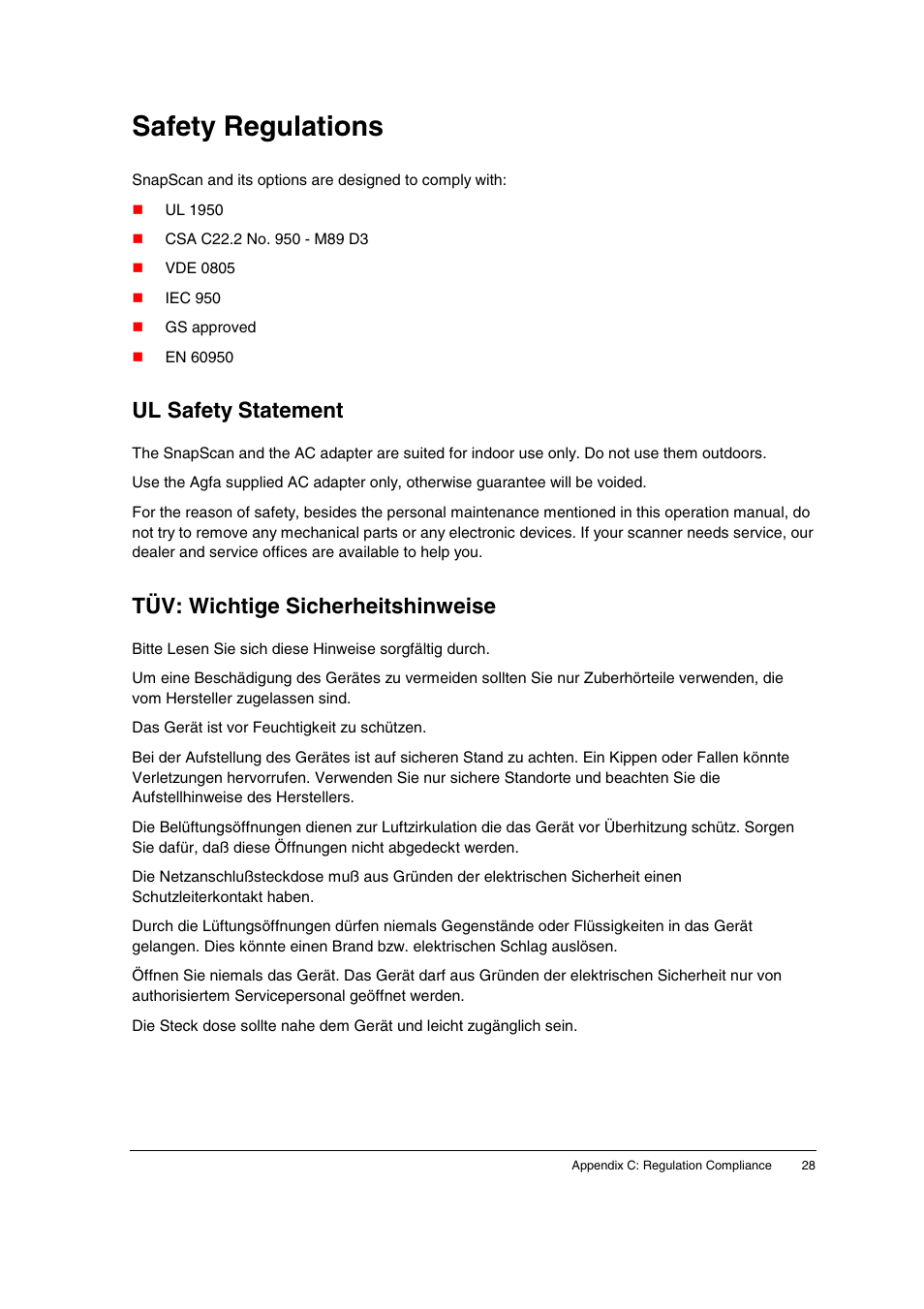 Safety regulations, Ul safety statement, Tüv: wichtige sicherheitshinweise | AGFA SNAPSCAN E10 User Manual | Page 28 / 30