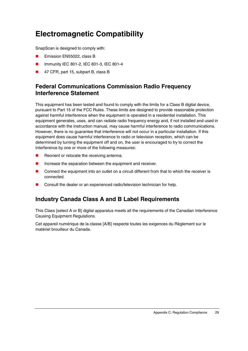 Electromagnetic compatibility, Industry canada class a and b label requirements | AGFA SNAPSCAN E10 User Manual | Page 29 / 30