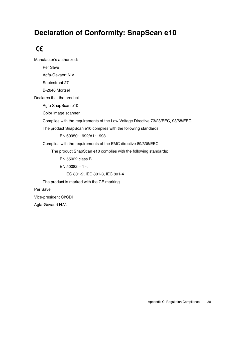 Declaration of conformity: snapscan e10 | AGFA SNAPSCAN E10 User Manual | Page 30 / 30