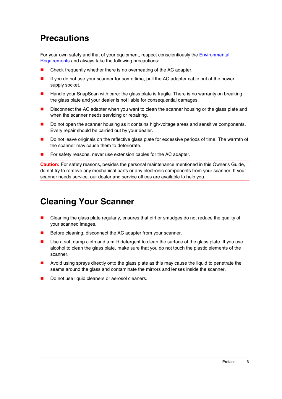 Precautions, Cleaning your scanner | AGFA SNAPSCAN E10 User Manual | Page 6 / 30
