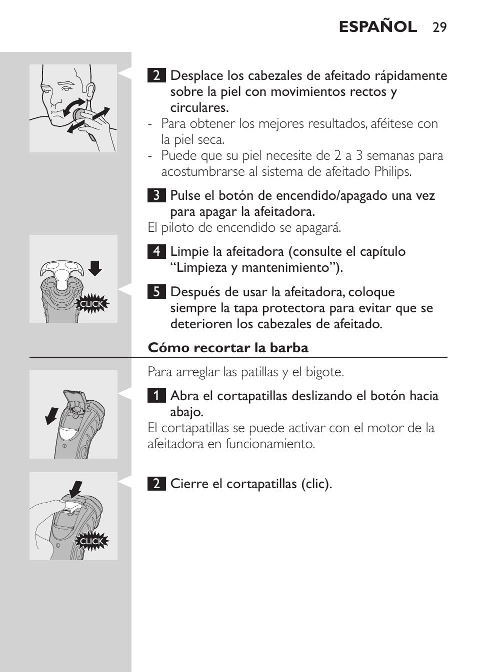 Cómo recortar la barba, Limpieza y mantenimiento | Philips SHAVER Series 3000 Afeitadora eléctrica User Manual | Page 27 / 92