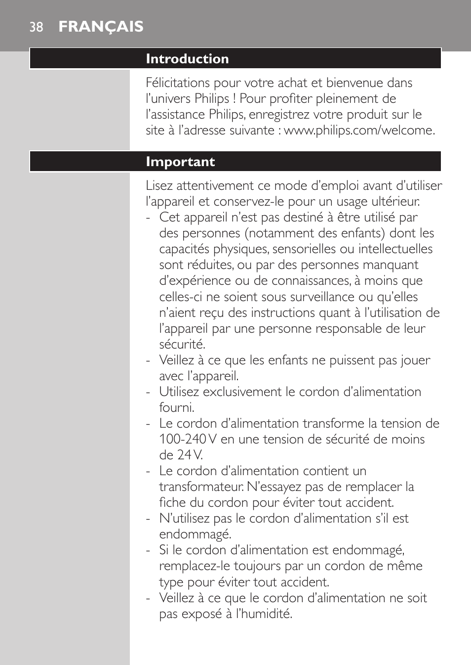 Français, Introduction, Important | Philips SHAVER Series 3000 Afeitadora eléctrica User Manual | Page 36 / 92