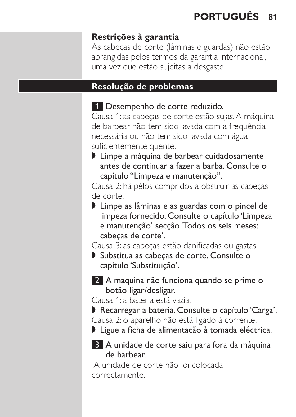 Restrições à garantia, Resolução de problemas | Philips SHAVER Series 3000 Afeitadora eléctrica User Manual | Page 79 / 92